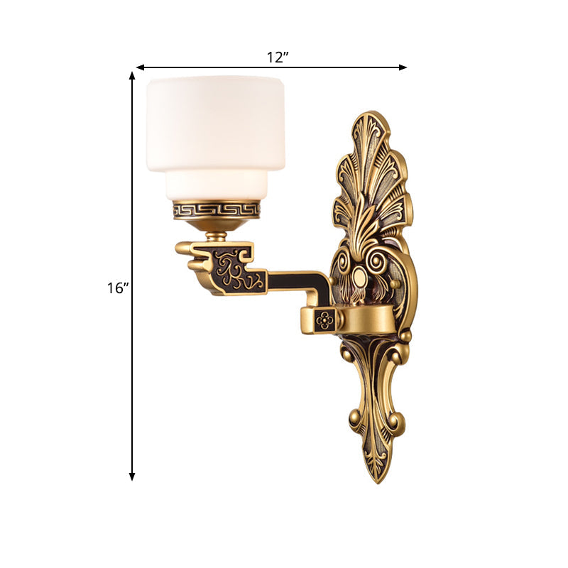 Vintage Brass Wall Sconce With Stylish Frosted Glass Drum Shade