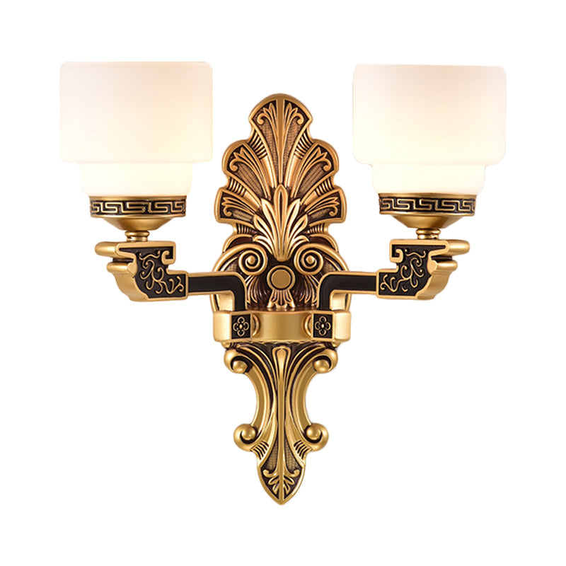 Vintage Brass Wall Sconce With Stylish Frosted Glass Drum Shade