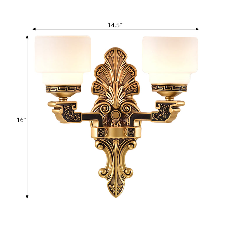 Vintage Brass Wall Sconce With Stylish Frosted Glass Drum Shade