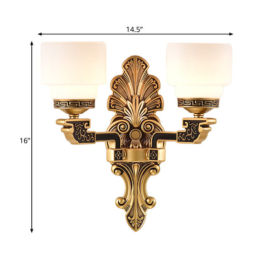 Vintage Brass Wall Sconce With Stylish Frosted Glass Drum Shade