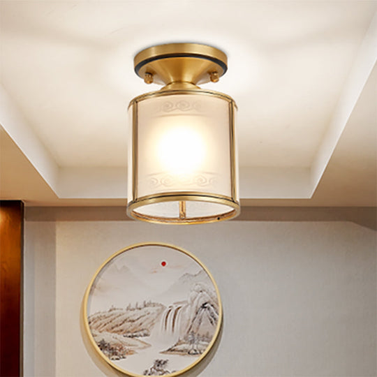 Colonial Cylinder Ceiling Light Fixture - 1 Bulb, White Glass, Flush Mount Brass Lighting