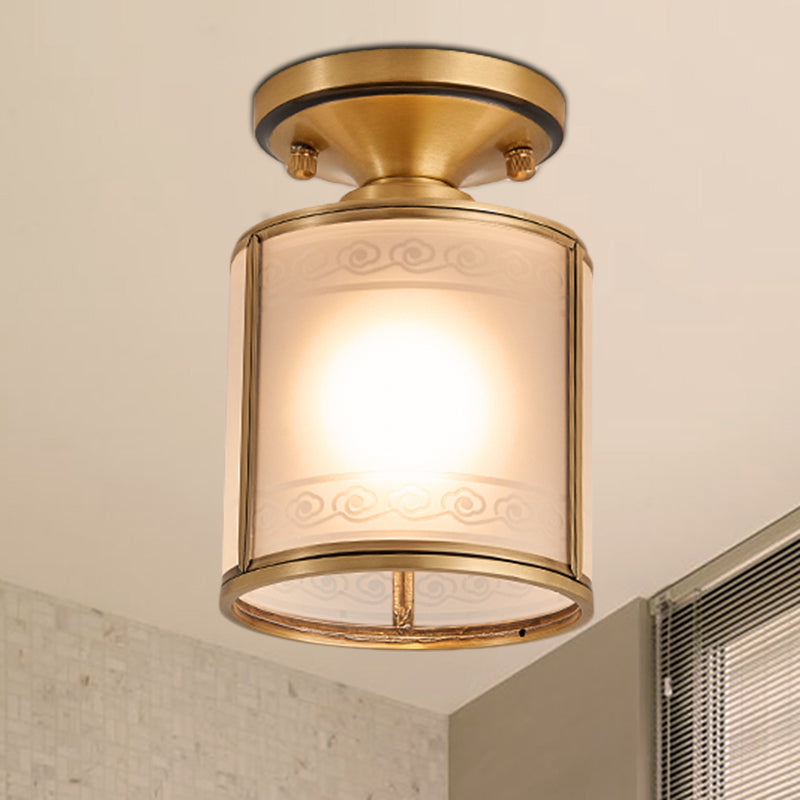 Colonial Cylinder Ceiling Light Fixture - 1 Bulb, White Glass, Flush Mount Brass Lighting