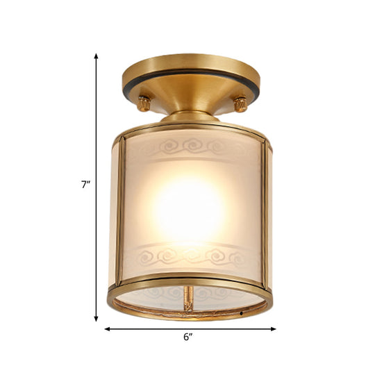 Colonial Cylinder Ceiling Light Fixture - 1 Bulb, White Glass, Flush Mount Brass Lighting