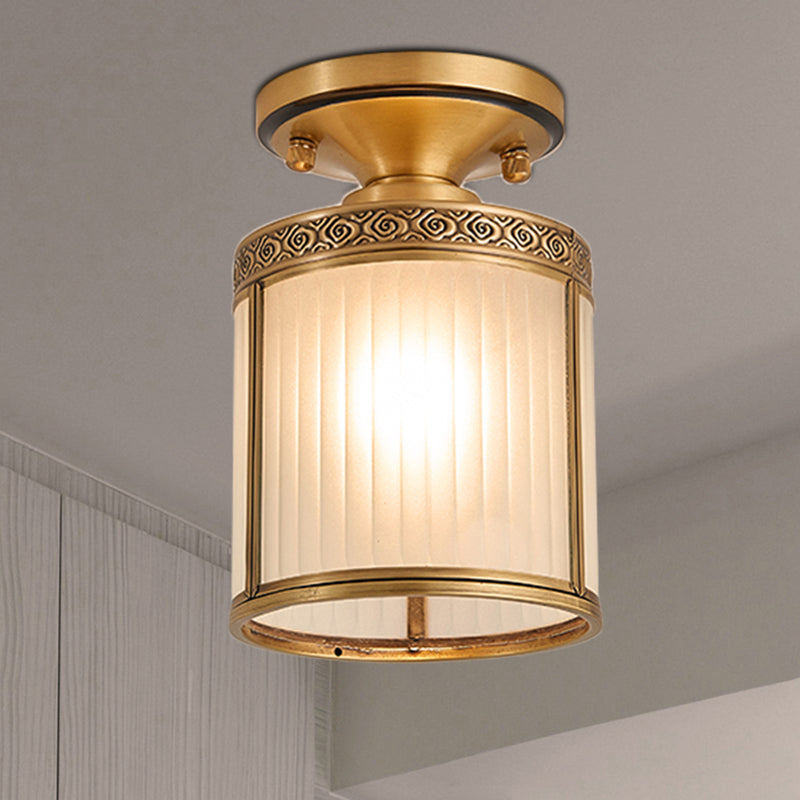 Colonial Cylinder Ceiling Light Fixture - 1 Bulb, White Glass, Flush Mount Brass Lighting