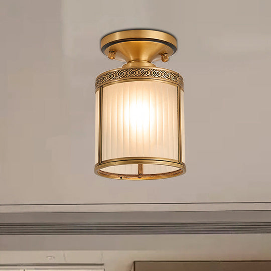 Colonial Cylinder Ceiling Light Fixture - 1 Bulb, White Glass, Flush Mount Brass Lighting