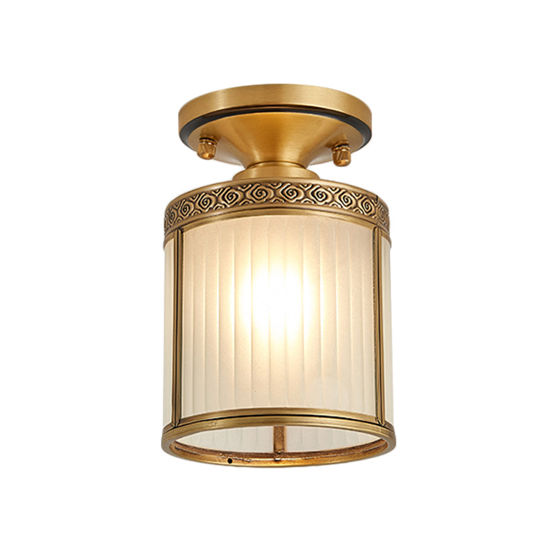 Colonial Cylinder Ceiling Light Fixture - 1 Bulb, White Glass, Flush Mount Brass Lighting