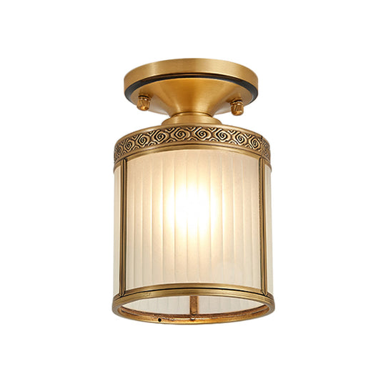 Colonial Cylinder Ceiling Light Fixture - 1 Bulb, White Glass, Flush Mount Brass Lighting