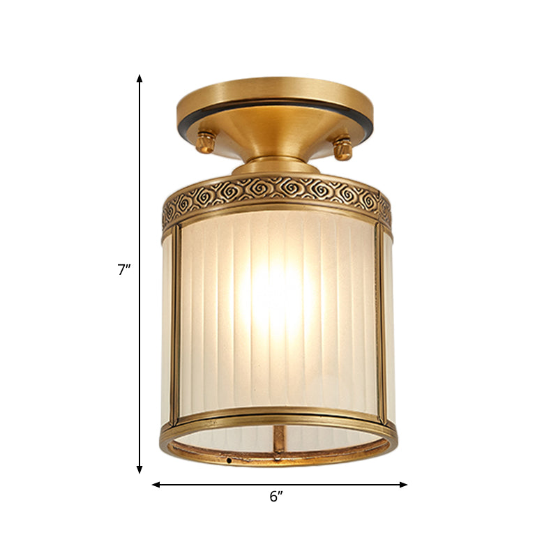 Colonial Cylinder Ceiling Light Fixture - 1 Bulb, White Glass, Flush Mount Brass Lighting