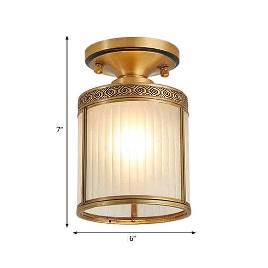 Colonial Cylinder Ceiling Light Fixture - 1 Bulb, White Glass, Flush Mount Brass Lighting