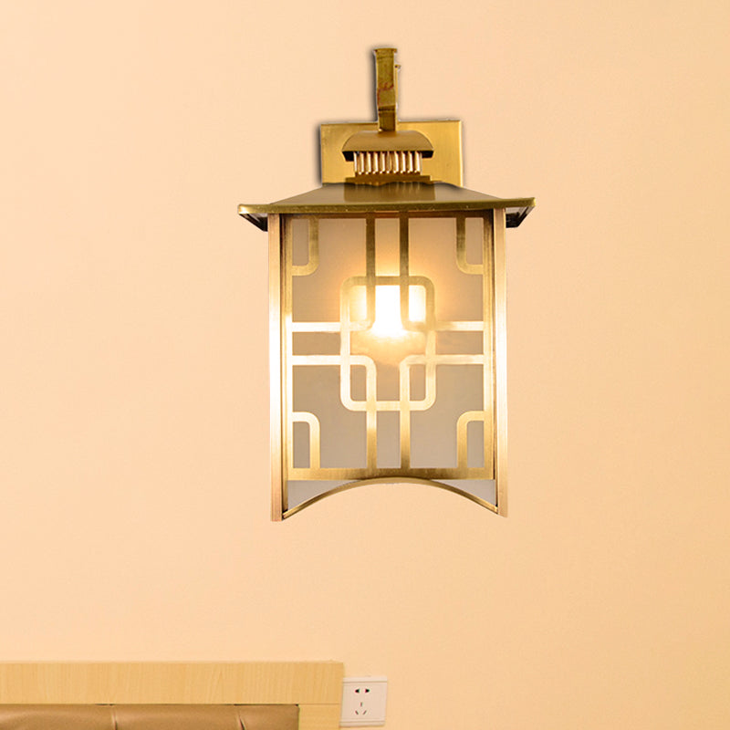 Colony Frosted Glass Lantern Sconce: 1-Head Gold Wall Lamp For Living Room