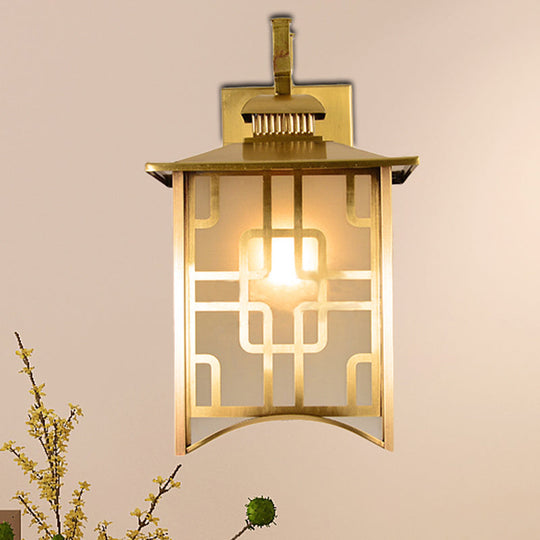 Colony Frosted Glass Lantern Sconce: 1-Head Gold Wall Lamp For Living Room