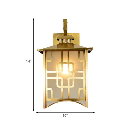 Colony Frosted Glass Lantern Sconce: 1-Head Gold Wall Lamp For Living Room