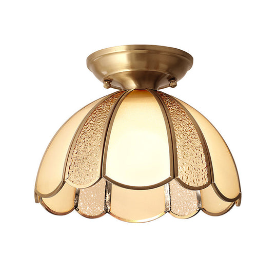 Scallop Bedroom Flush Mount Light - Blown Opal Glass 1 Bulb Brass Finish Close To Ceiling Lamp