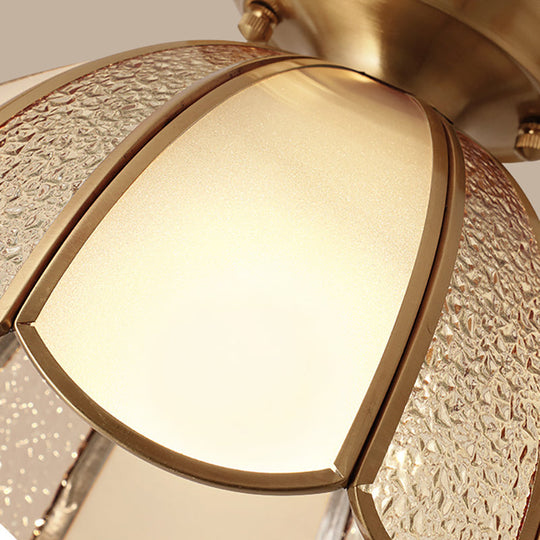 Scallop Bedroom Flush Mount Light - Blown Opal Glass 1 Bulb Brass Finish Close To Ceiling Lamp