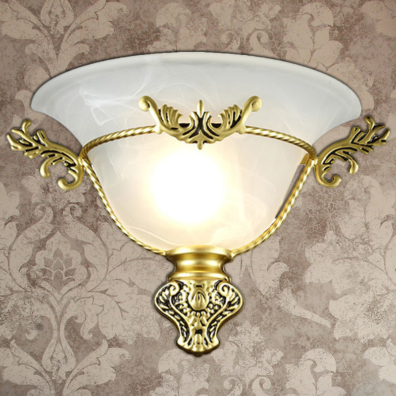 Colonial 1-Head Bell Sconce Light With White Glass And Silver/Brass Carved Metal Decor - Wall