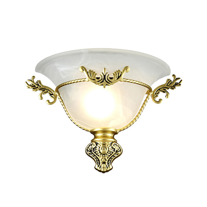 Colonial 1-Head Bell Sconce Light With White Glass And Silver/Brass Carved Metal Decor - Wall