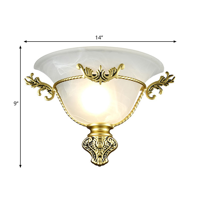 Colonial 1-Head Bell Sconce Light With White Glass And Silver/Brass Carved Metal Decor - Wall