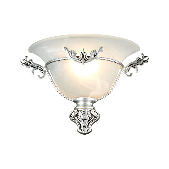 Colonial 1-Head Bell Sconce Light With White Glass And Silver/Brass Carved Metal Decor - Wall