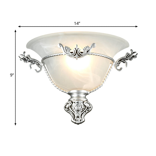 Colonial 1-Head Bell Sconce Light With White Glass And Silver/Brass Carved Metal Decor - Wall