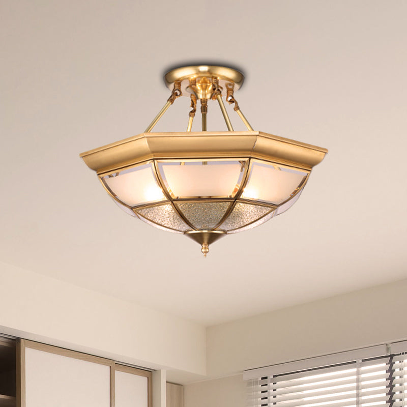 Colonial Brass Semi-Flush Ceiling Light with Curved Frosted Glass Dome - 4 Lights | 14"/16" Wide - Ideal for Living Room