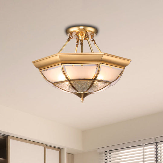 Colonial Brass Semi-Flush Ceiling Light with Curved Frosted Glass Dome - 4 Lights | 14"/16" Wide - Ideal for Living Room