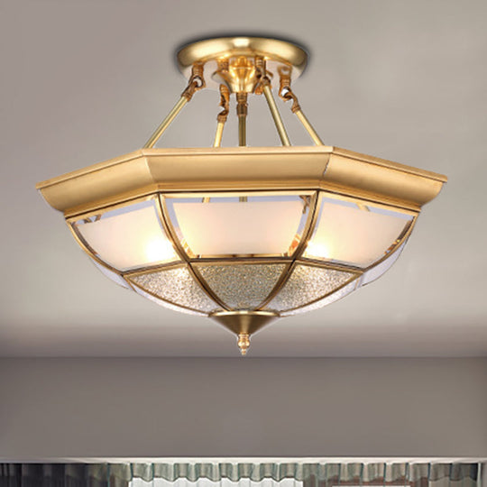 Colonial Brass Semi-Flush Ceiling Light with Curved Frosted Glass Dome - 4 Lights | 14"/16" Wide - Ideal for Living Room