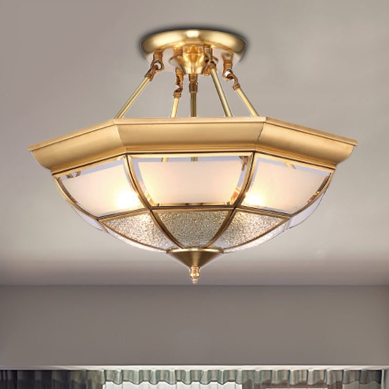 Colonial Brass Semi-Flush Ceiling Light With Curved Frosted Glass Dome - 4 Lights | 14/16 Wide Ideal