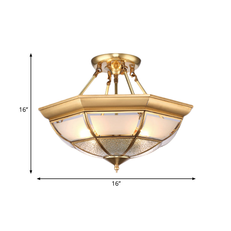 Colonial Brass Semi-Flush Ceiling Light with Curved Frosted Glass Dome - 4 Lights | 14"/16" Wide - Ideal for Living Room