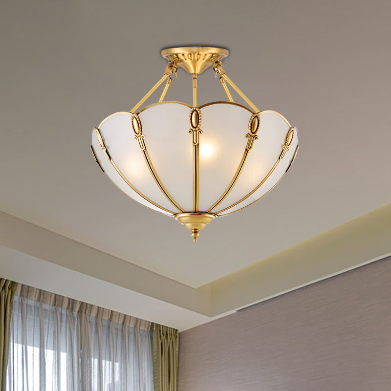 Colonial Brass Satin Opal Glass Semi Flush Mount Lighting for Living Room, 3/4 Bulbs Scalloped Ceiling, 13"/17" Wide