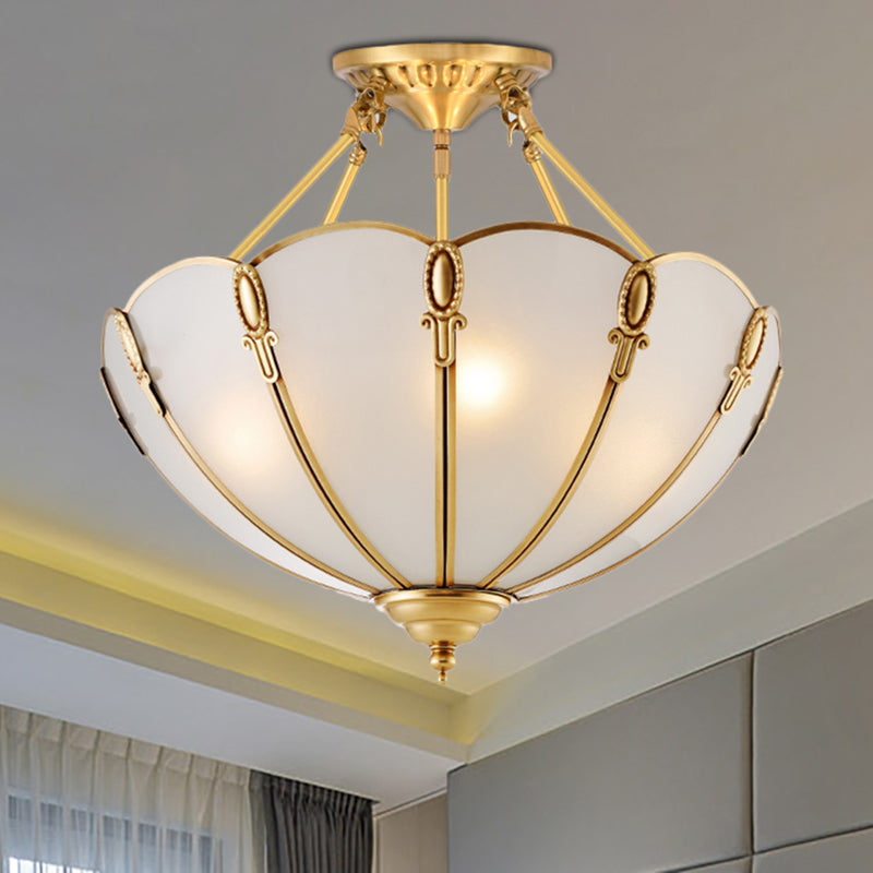 Colonial Brass Satin Opal Glass Semi Flush Mount Lighting for Living Room, 3/4 Bulbs Scalloped Ceiling, 13"/17" Wide