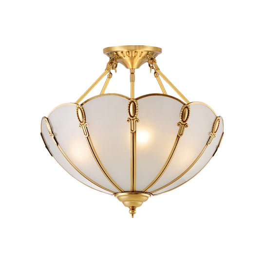 Colonial Brass Satin Opal Glass Semi Flush Mount Lighting for Living Room, 3/4 Bulbs Scalloped Ceiling, 13"/17" Wide