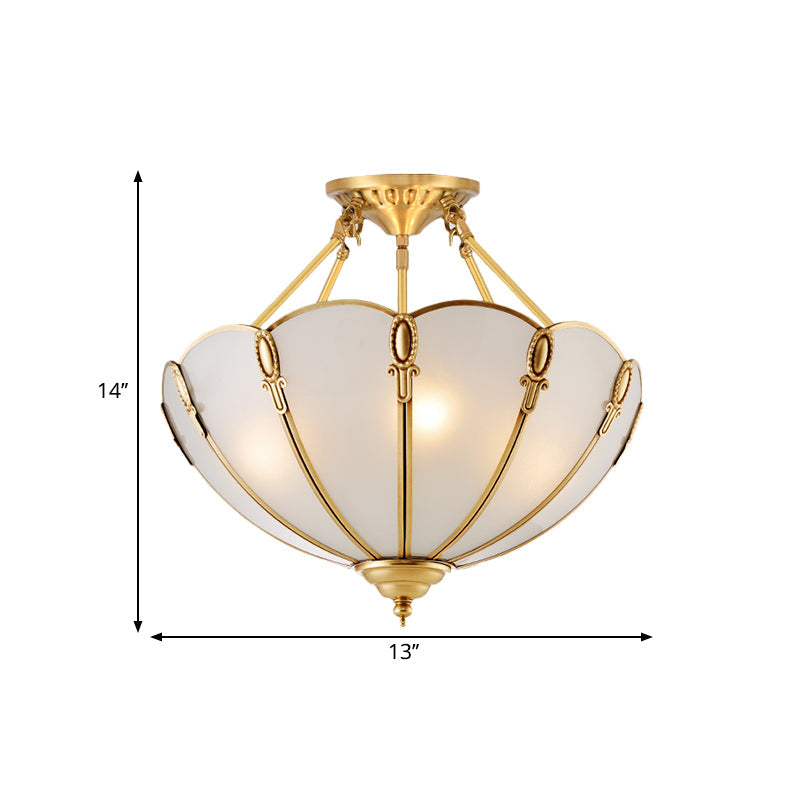 Colonial Brass Satin Opal Glass Semi Flush Mount Lighting for Living Room, 3/4 Bulbs Scalloped Ceiling, 13"/17" Wide