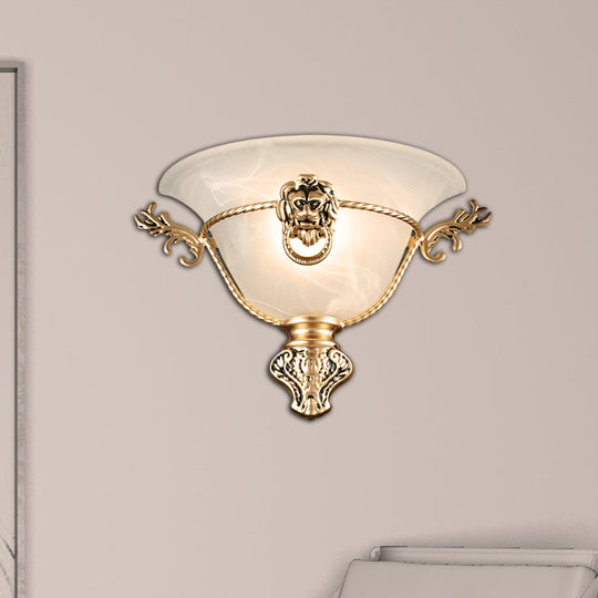 Colonial Opal Glass Trumpet Wall Lamp With Lion Metal Deco - Perfect Bedside Fixture Copper