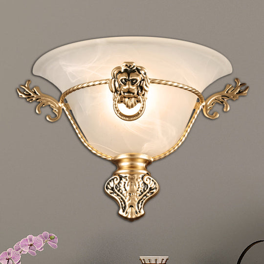 Colonial Opal Glass Trumpet Wall Lamp With Lion Metal Deco - Perfect Bedside Fixture