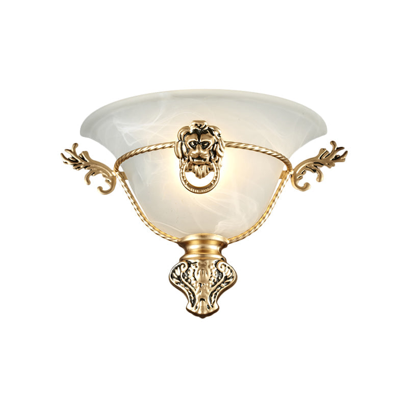 Colonial Opal Glass Trumpet Wall Lamp With Lion Metal Deco - Perfect Bedside Fixture