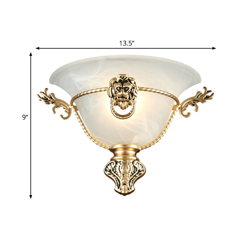 Colonial Opal Glass Trumpet Wall Lamp With Lion Metal Deco - Perfect Bedside Fixture