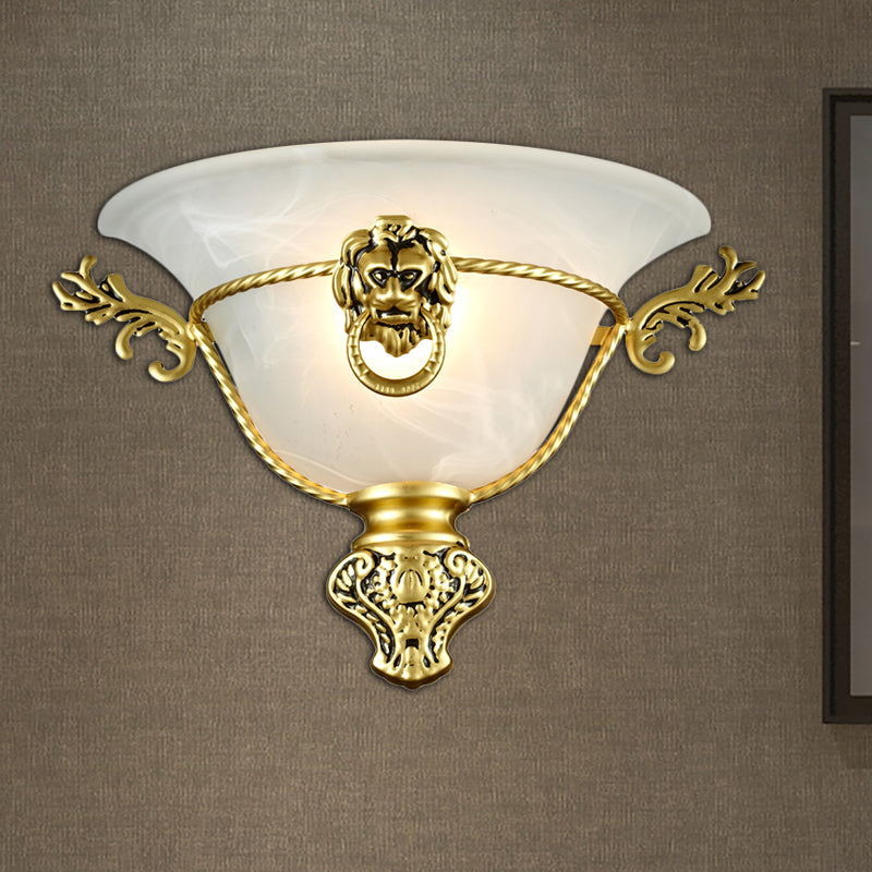 Colonial Opal Glass Trumpet Wall Lamp With Lion Metal Deco - Perfect Bedside Fixture Brass