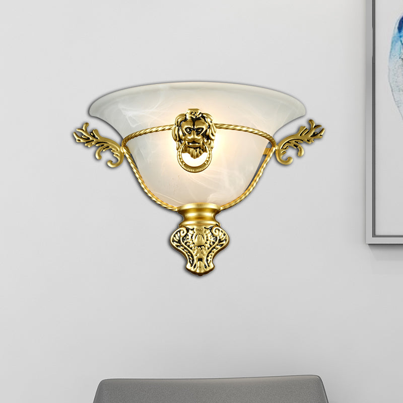 Colonial Opal Glass Trumpet Wall Lamp With Lion Metal Deco - Perfect Bedside Fixture