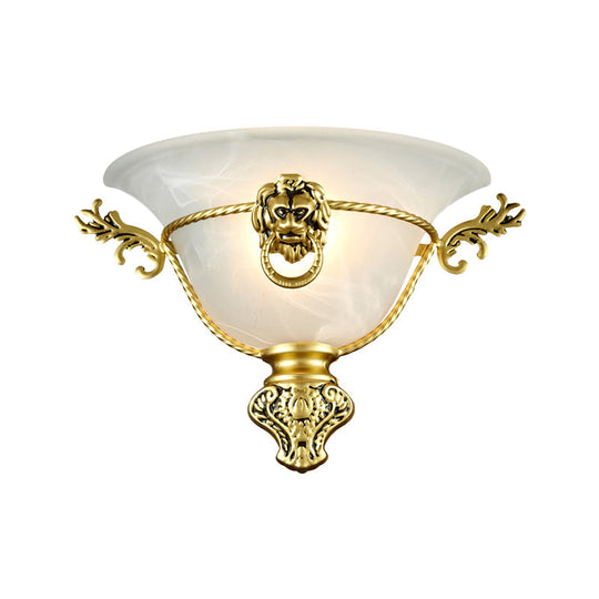 Colonial Opal Glass Trumpet Wall Lamp With Lion Metal Deco - Perfect Bedside Fixture