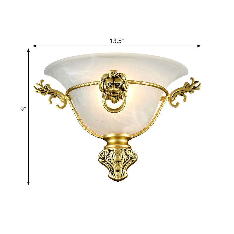 Colonial Opal Glass Trumpet Wall Lamp With Lion Metal Deco - Perfect Bedside Fixture