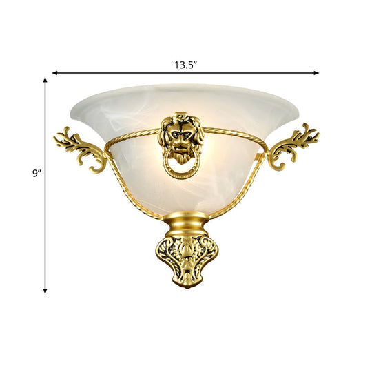 Colonial Opal Glass Trumpet Wall Lamp With Lion Metal Deco - Perfect Bedside Fixture