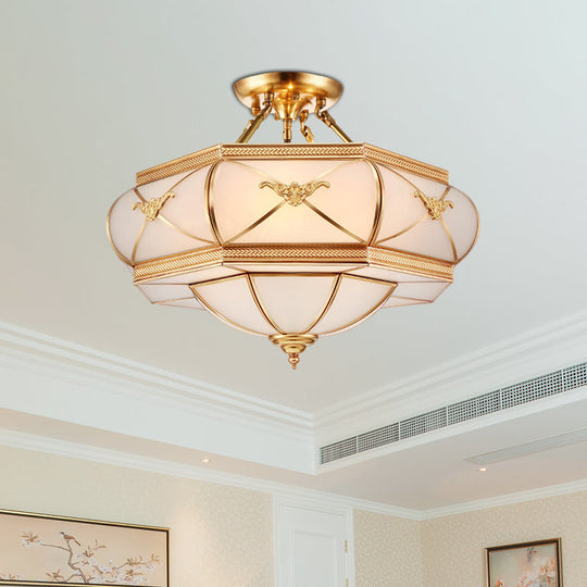 Colonial Opal Glass Flush Light fixture with 6 Brass Heads for Living Room Ceiling Mount, 16-21.5" Wide