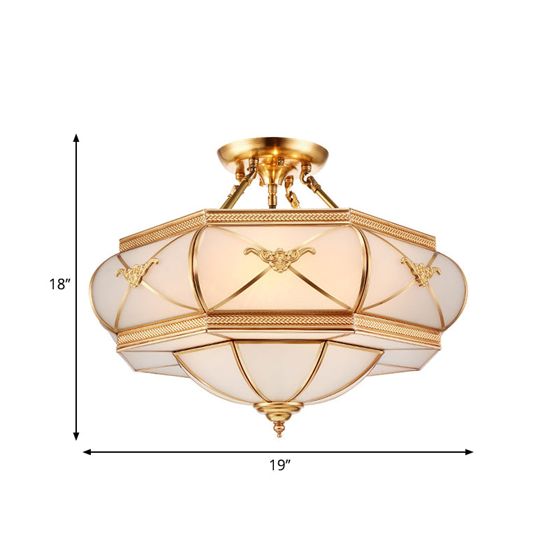 Colonial Opal Glass Flush Light fixture with 6 Brass Heads for Living Room Ceiling Mount, 16-21.5" Wide