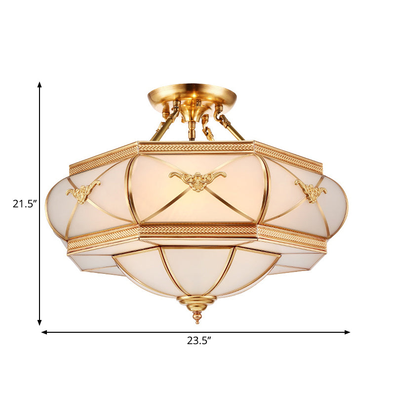 Colonial Opal Glass Flush Light fixture with 6 Brass Heads for Living Room Ceiling Mount, 16-21.5" Wide