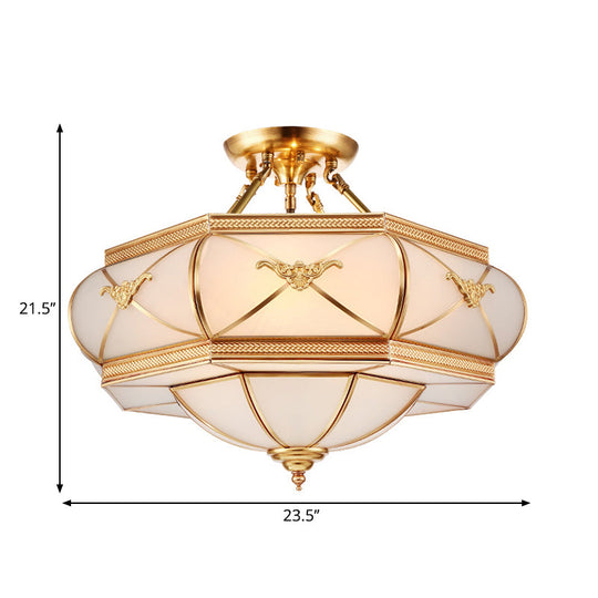 Colonial Opal Glass Flush Light fixture with 6 Brass Heads for Living Room Ceiling Mount, 16-21.5" Wide