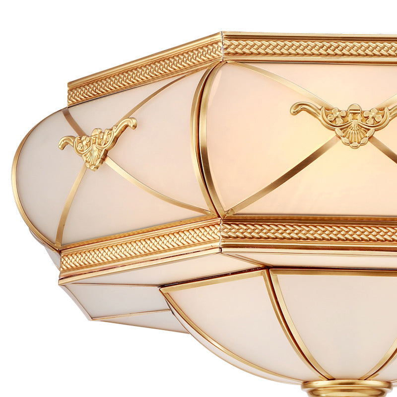 Colonial Opal Glass Flush Light fixture with 6 Brass Heads for Living Room Ceiling Mount, 16-21.5" Wide