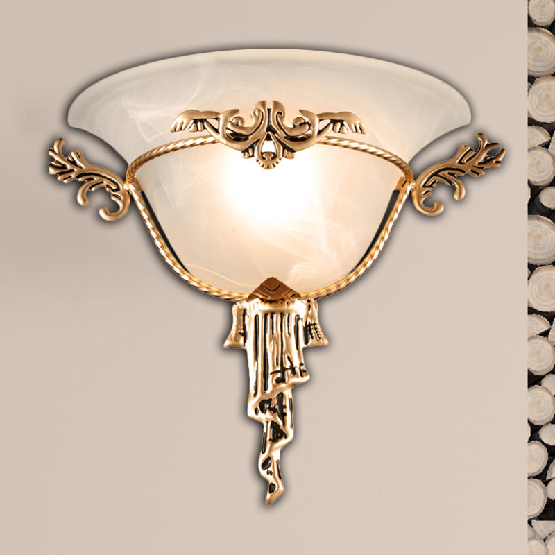 Colony Carved Sconce Wall Mounted Light Fixture In Copper/Brass With Flared Milky Glass Shade