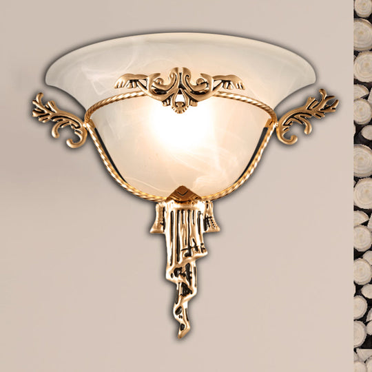 Colony Carved Sconce Wall Mounted Light Fixture In Copper/Brass With Flared Milky Glass Shade