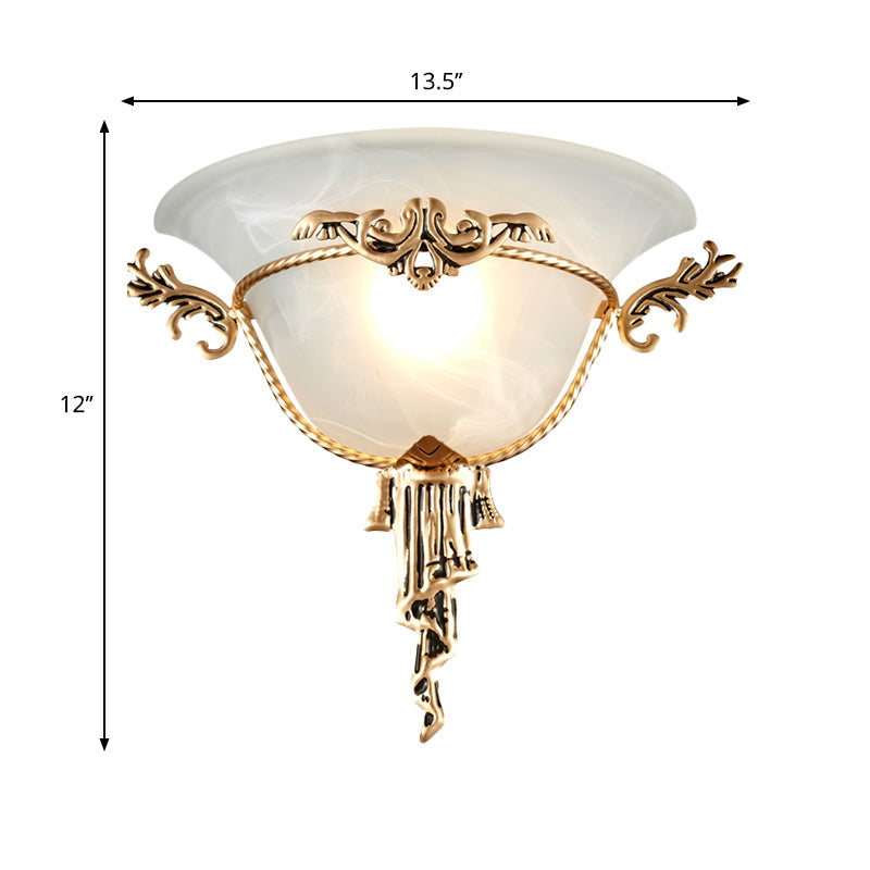 Colony Carved Sconce Wall Mounted Light Fixture In Copper/Brass With Flared Milky Glass Shade