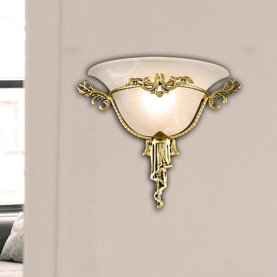 Colony Carved Sconce Wall Mounted Light Fixture In Copper/Brass With Flared Milky Glass Shade